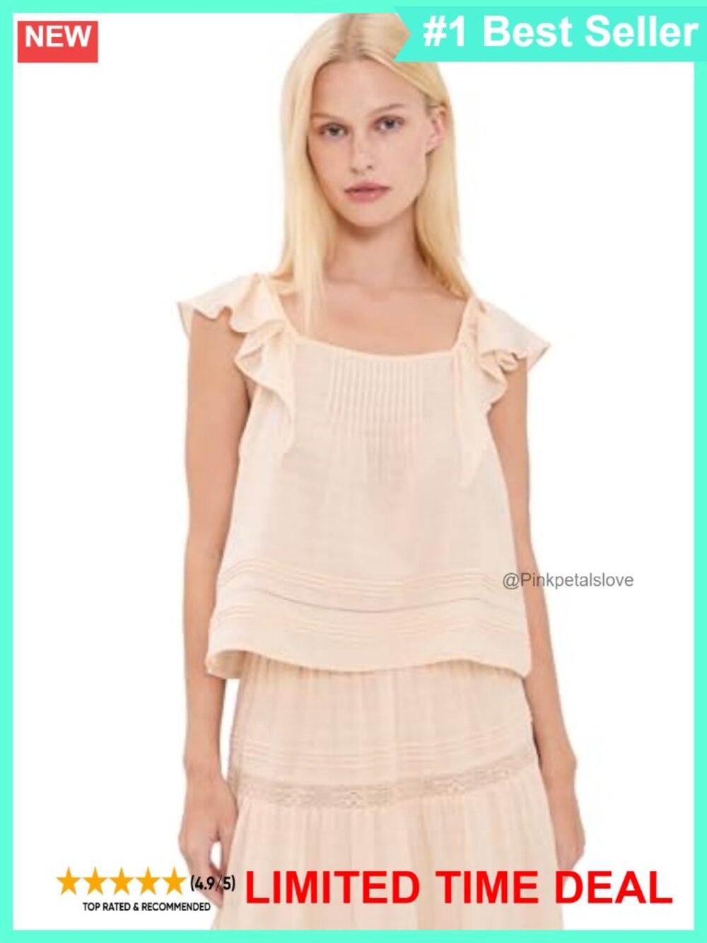 Ruffle Sleeve Tank Top Square Neck Pintuck Blouse